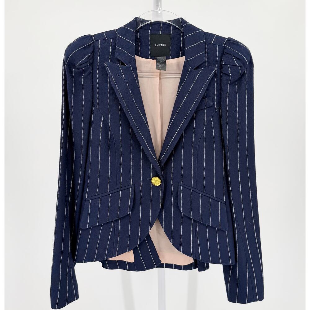 Smythe Pouf Sleeve One Button Blazer Navy Blue Copper Pinstripe Jacket Size 2